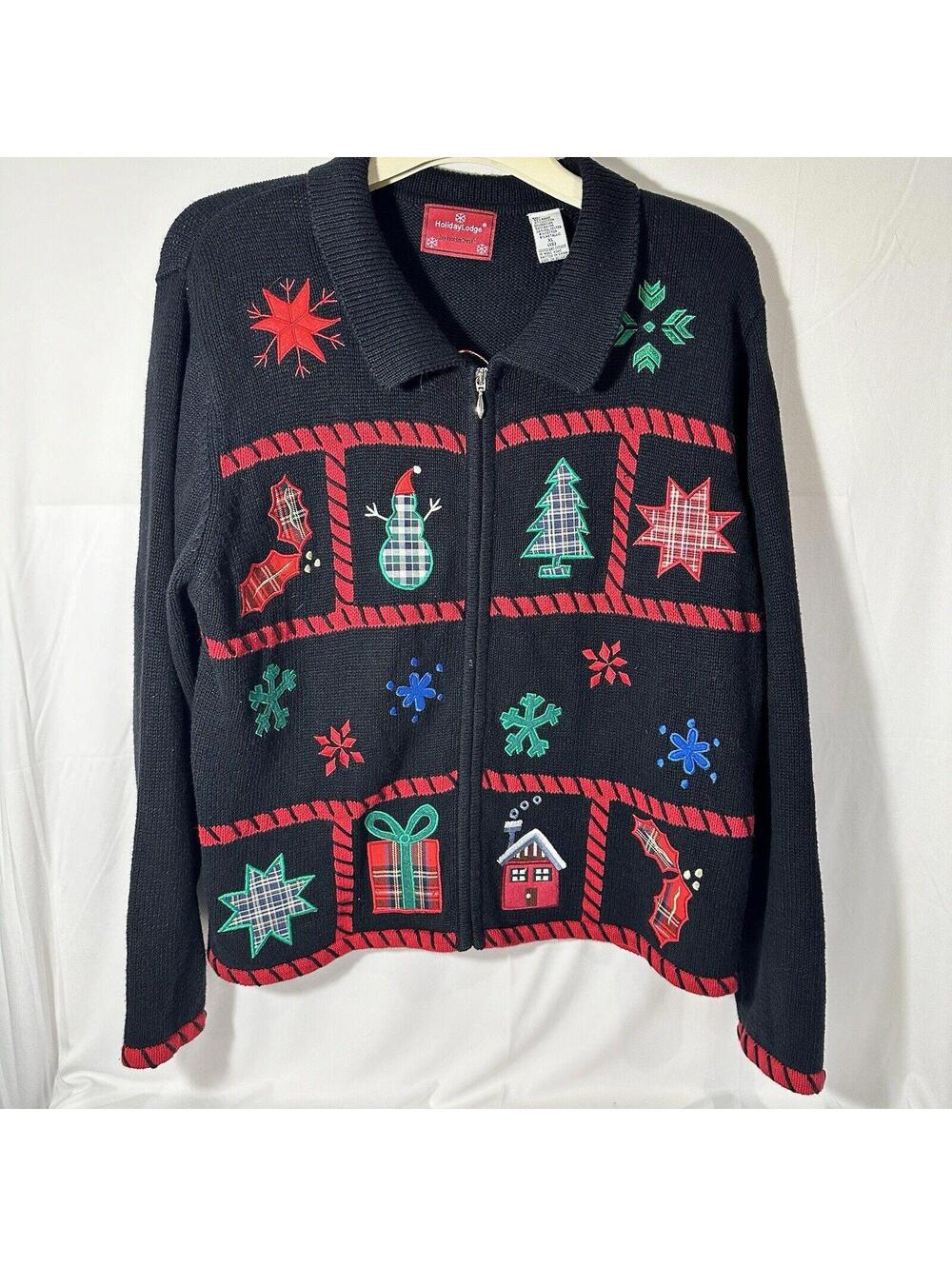 Holiday Lodge Ugly Christmas Cardigan Sweater Women Size 18 Black Zip Up